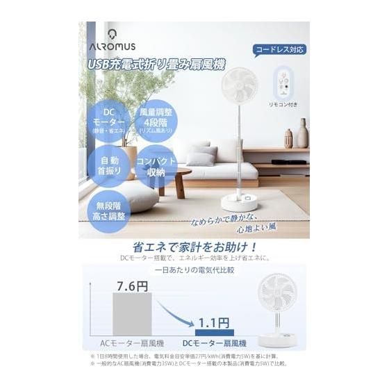 [2026 Improved Model] ALROMUS Cordless Fan 7200mAh USB Rechargeable Folding Fan Cordless | Oscillation, 4 airflow levels, rhythmic natural wind,