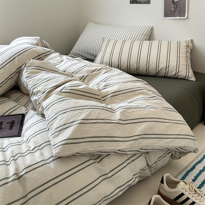 Retro Striped Four-piece Set, Cotton Pure Cotton 100 Washed Cotton Bed Sheet Quilt Cover, Male Student Dormitory Bed Three-piece Set 1