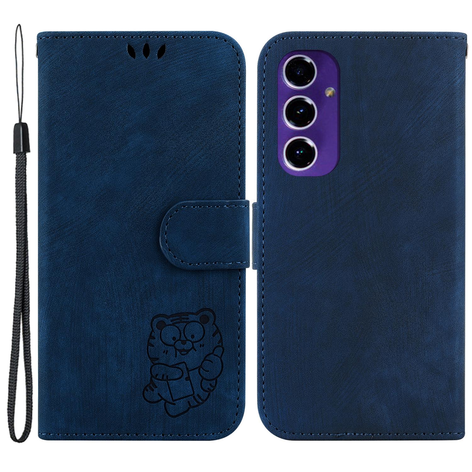 

For Samsung Galaxy S24 FE Phone Stand Case Imprinted Tiger PU Leather Wallet Phone Cover Dark Blue