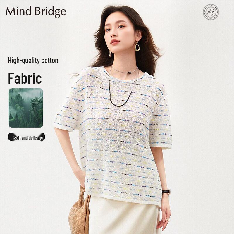 Mind Bridge Women s Striped Knitted Short Sleeve T-Shirt One Size