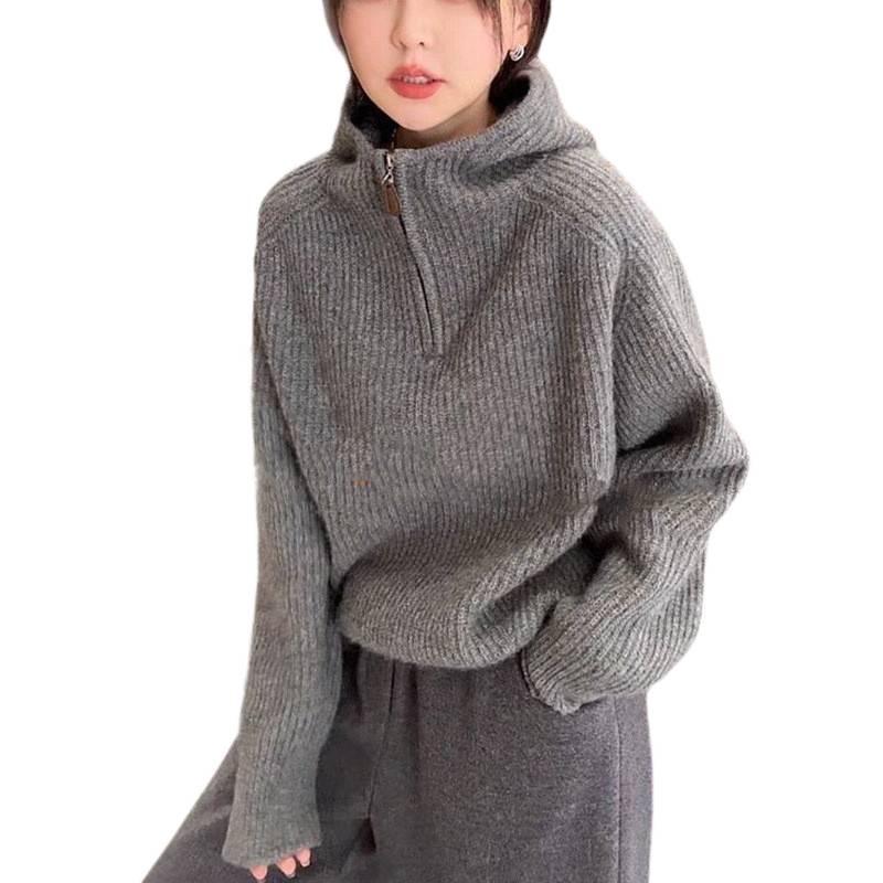 Women's Half-Zip Hooded Loose Knit Sweater - Cozy Autumn/Winter 2026 Collection
