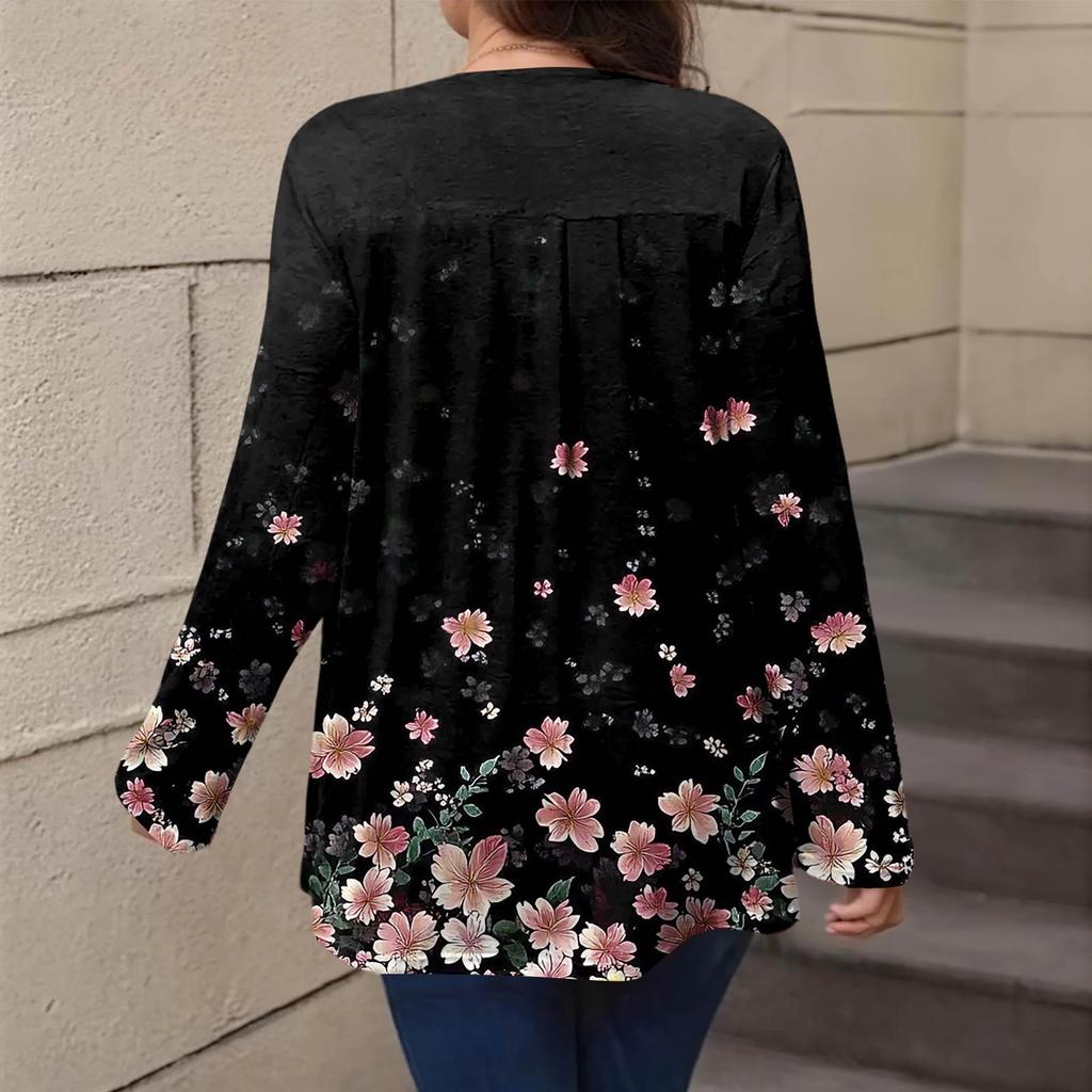 Women's Plus Size Fashion Printed Casual Pleated Round Neck Long Sleeve Top