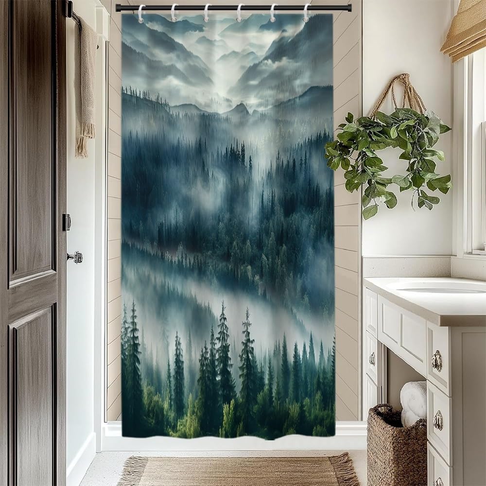 Misty Forest Shower Curtain Set Foggy Pine Trees Birds Nature Landscape Bathroom Decor Grey Rustic Woodland Shower Curtains for