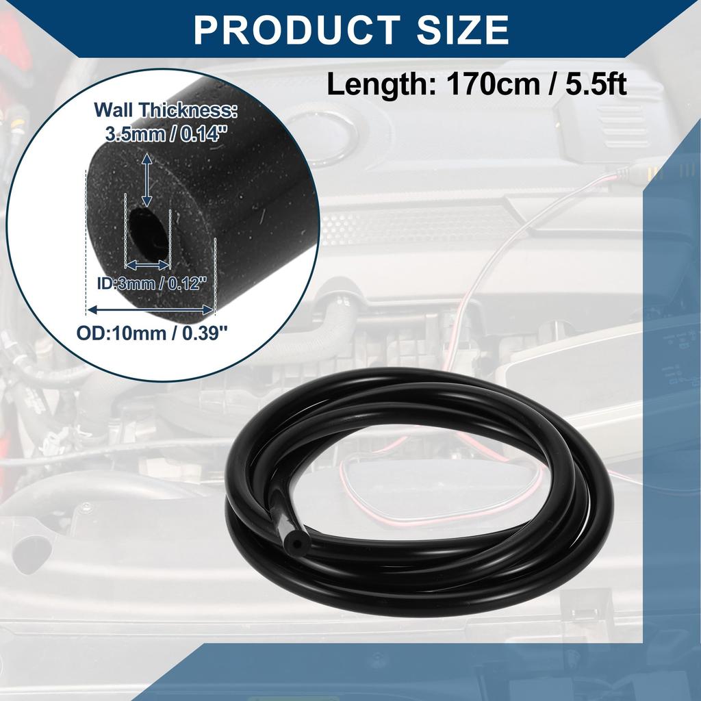 Hihaha Silicone Vacuum Tube Hose for Automobile Vacuum Line High Temperature 5.5ft 1/8" 3.0mm Inner Diameter 3.5mm Thickness 1pc Black