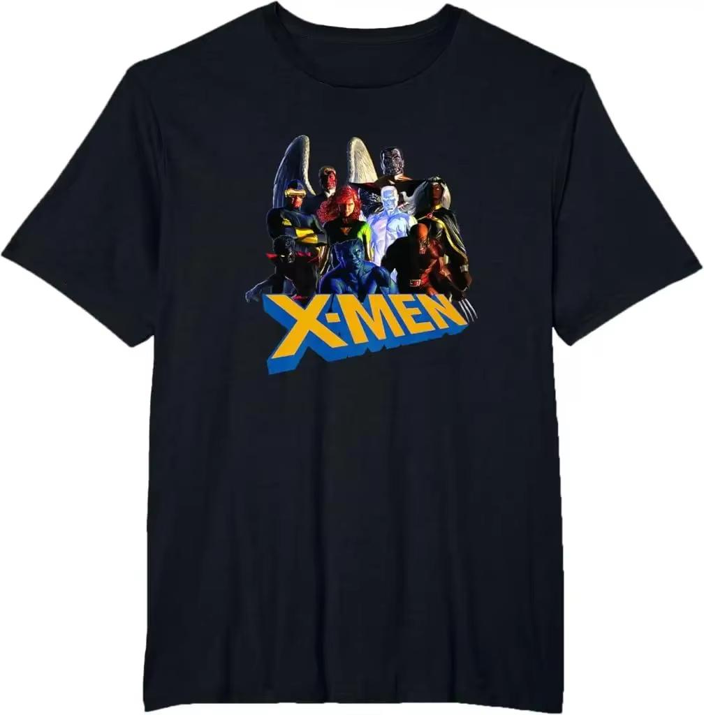 XUnisex pattern Unisexs black shortsleeved cotton Tshirt featuring colorful superhero team design M