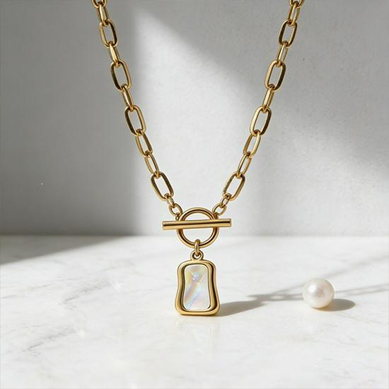 European and American Fashion Mother-of-Pearl Square Pendant Titanium Steel Necklace - Light Luxury Sweater and Clavicle Chain Jewelry.