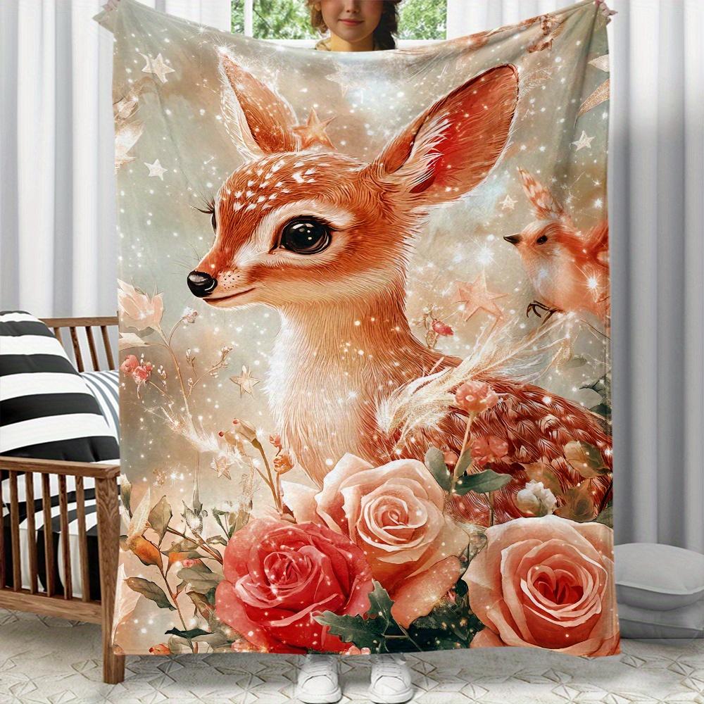 

Cute deer and floral patterns Flannel printed blanket suitable for all seasons suitable for living room office sofa and travel 75x100cm