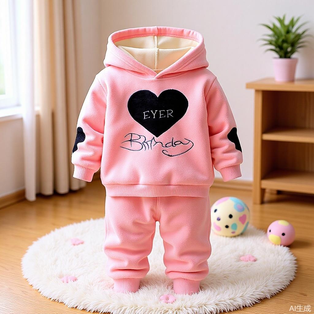 Autumn and Winter New Baby Girl Love Letters Double-sided Velvet Plus Velvet Thickened Hooded Sweatshirt Girls Warm Two-piece Set
