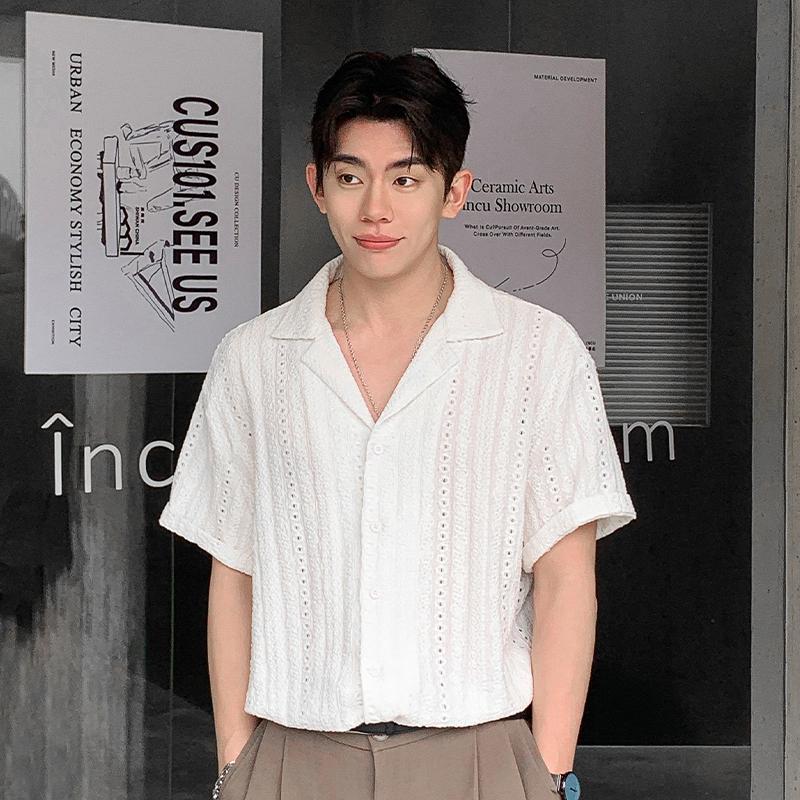 Summer Loose Hanging Collar Short Sleeved Shirt for Men, Light Luxury Style, Textured Hollow Jacquard Casual Top
