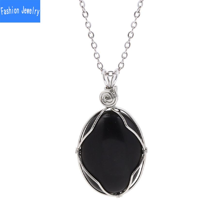 European and American fashion natural crystal stone denier-shaped hand-wound pendant amethyst tiger eye stone necklace jewelry