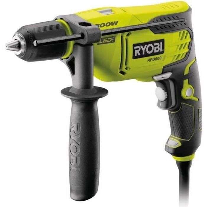 RYOBI - Perceuse À Percussion 800 W - 3 000 Cp/min - Mandrin 13mm - Blocage D'arbre - LED + Coffret & Butée De Profondeur - RPD800-K