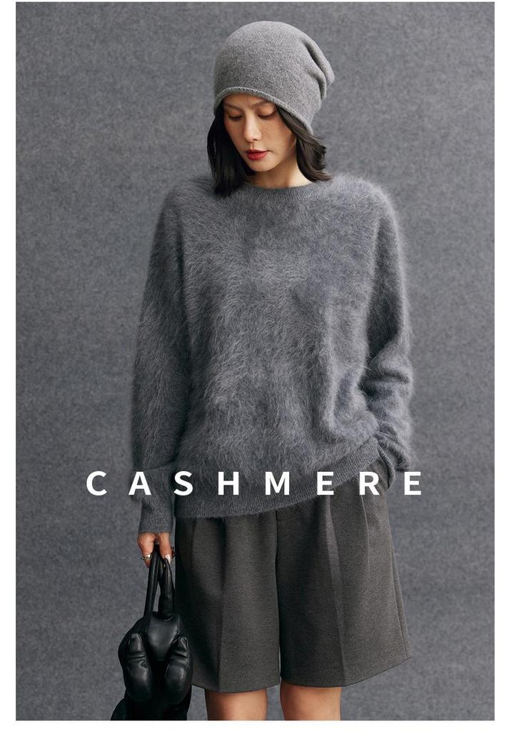 Cashmere Women's Round Neck Brushed Knit Sweater - 2025 Autumn/Winter Collection.