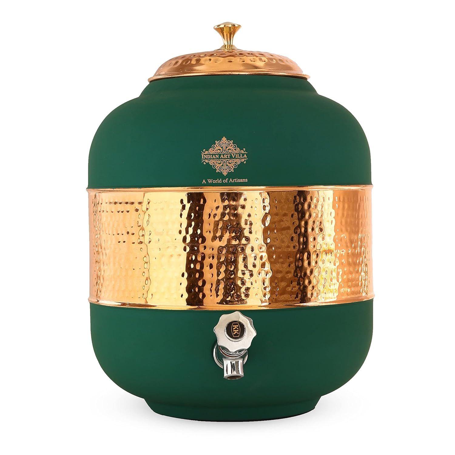 

Half Hammered with Silk Finish Copper Water Pot in Green Color, Volume - 13 LTR.