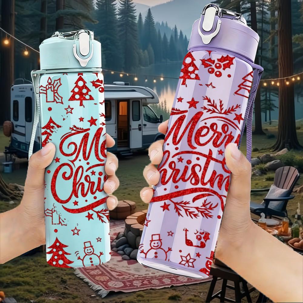 1PC Vintage Merry Christmas Text Print 750ml Color Plastic Sports Water Bottle Leakproof Flip Straw Lid Suitable for Sports Office Home Use