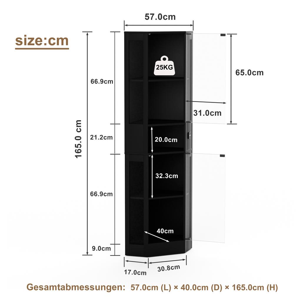 Vijflaags glazen vitrinekast met opbergruimte, LED-verlichting, glazen deuren en slimme sensoren. Geschikt voor woonkamer, slaapkamer en kantoren. Zwart.