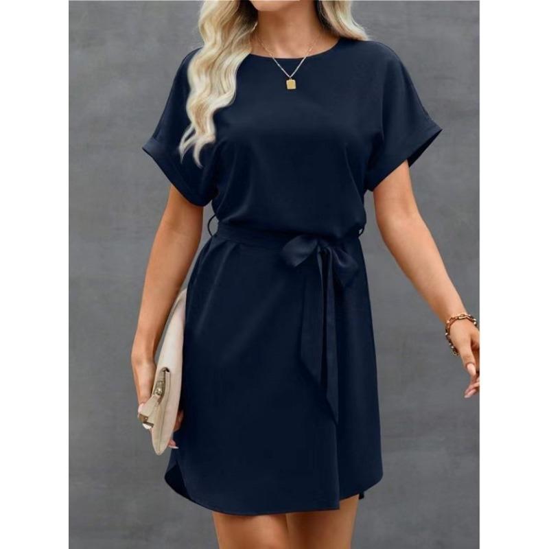 Dámská letní ležérní móda Nové šaty s krátkým rukávem s páskem