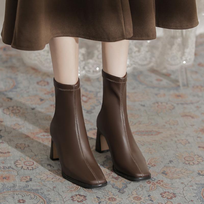 Maillard Style Thick Heel Medium Boots Children's Autumn and Winter New Velvet French Bare Boots with Skirt Elastic Thin Boots