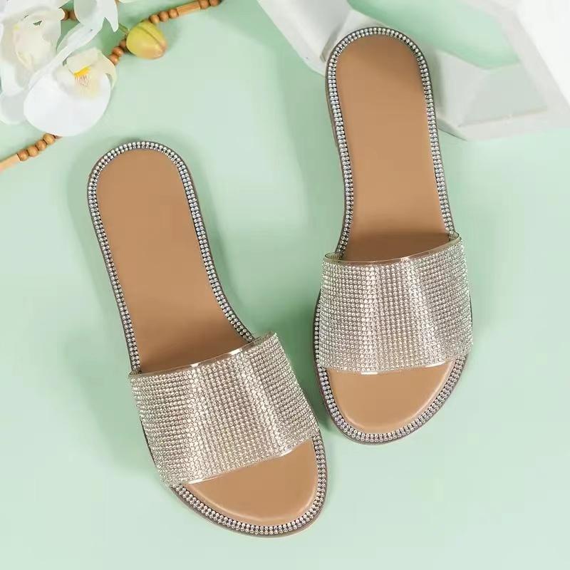 Fashion 2025 Summer Crystal Slippers Women's Sequin Cloth Fashion Flat Sandals Round Toe Shiny Luxurious Comfortable Sandals for Women