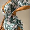 New three-piece bikini leaf print waist strap fashion long-sleeved beach sun-proof swimsuit