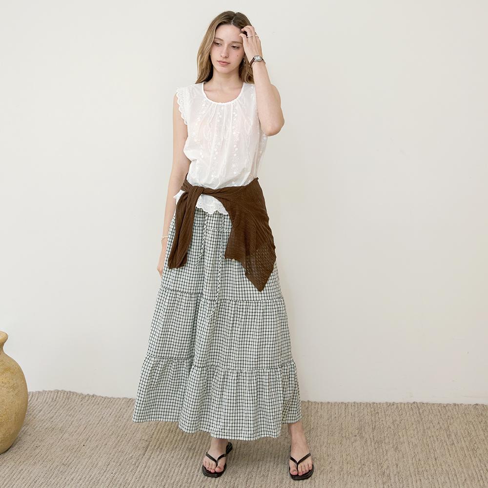Kelly Donahue Libre Check Tiered Long Skirt Cream