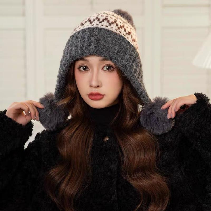 Bonnet Tricoté Rétro Style Îles Féroé pour Femmes Chapeau Chaud Automne Hiver Polyvalent Mignon Chapeau Oreilles Protection Pompon
