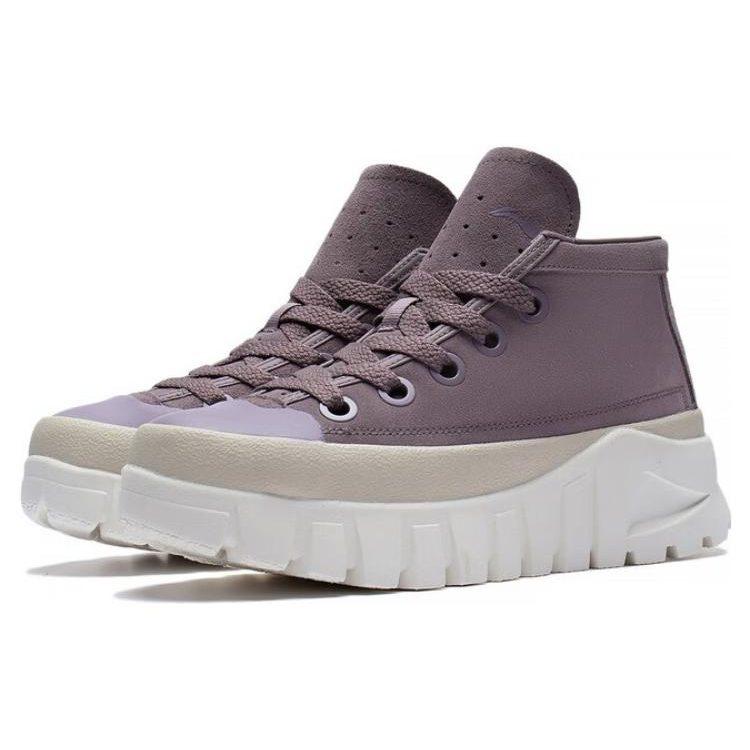 Li Ning LEATHER BOOT Platform Slip Resistant Abrasion Resistant Mid Top Casual Shoes Women's Eggplant Skin Purple AZGS144-2