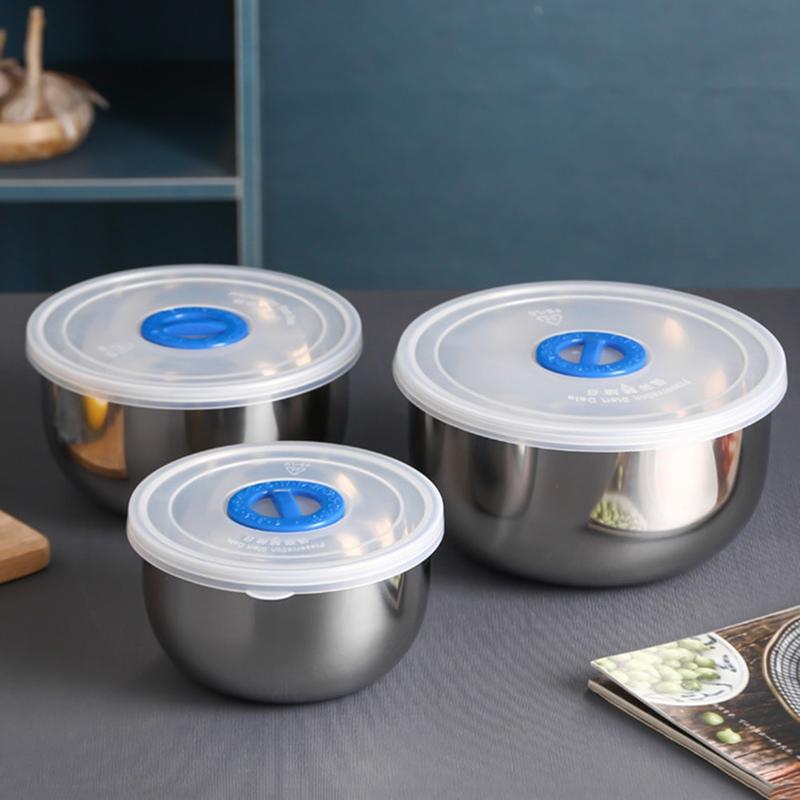 3-piece Mixing Bowl with Non-slip Stainless Steel Lid Serving Bowls Storage Bowls Stacking Metal Bowl with Hermetic Lids | Bowls
