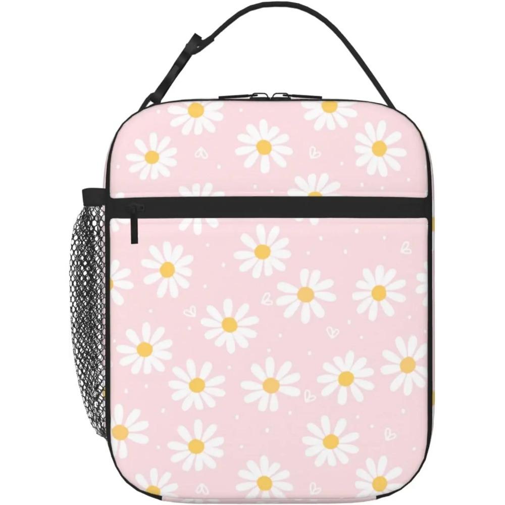 Pink Daisy Flower Insulated Lunch Bag Kids,Kids Lunch Box for Girls Boys,Bento Lunch Box Cooler Bag with Front Pocket for Women