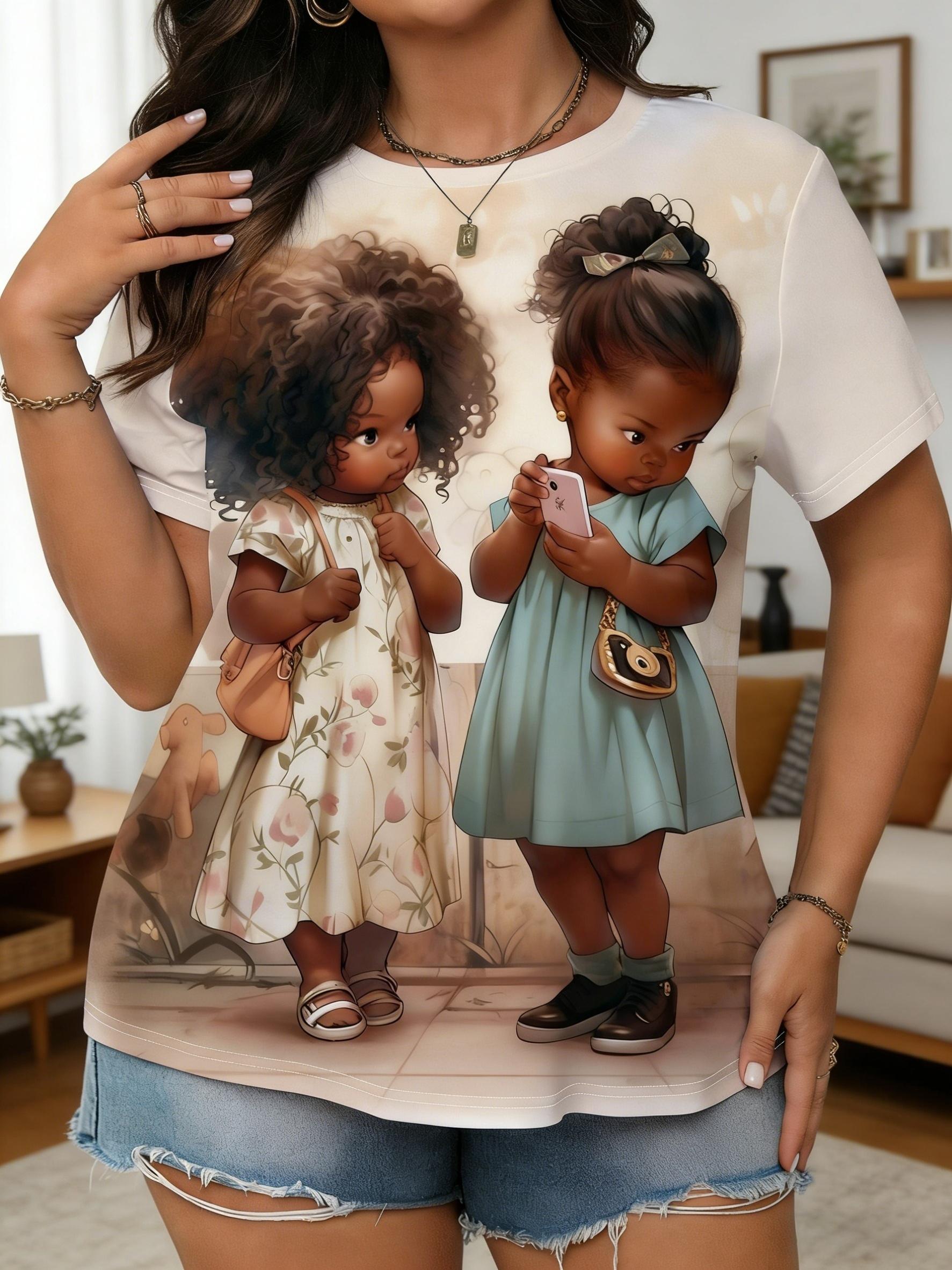 

SpringSummer Women S Casual Short Sleeve T-Shirt. Featuring an All-Over Print of Cute Curly-Haired Sisters. Suitable for Vacations And Work. Effo S дубильная кора