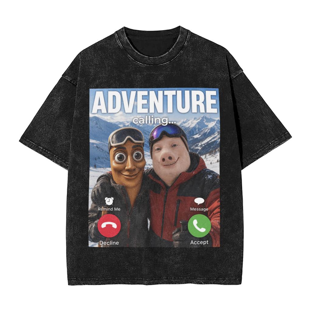 Winter Downhill Ski Trip John Pork Tung Sahur Calling Meme Washed T Shirt Man Casual T Shirts Summer O-Neck Hipster Tee Shirt