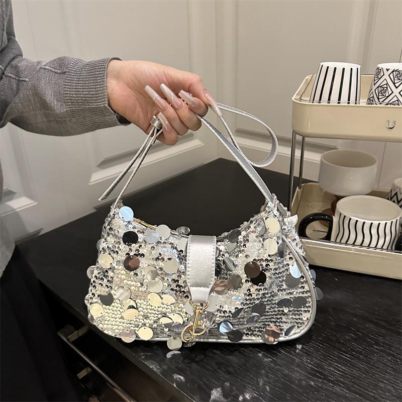 

Мода новый дизайн ниши с пайетками ощущение сумка подмышку женская универсальная высококачественная текстура шоппинг новая сумка на плечо серебряный