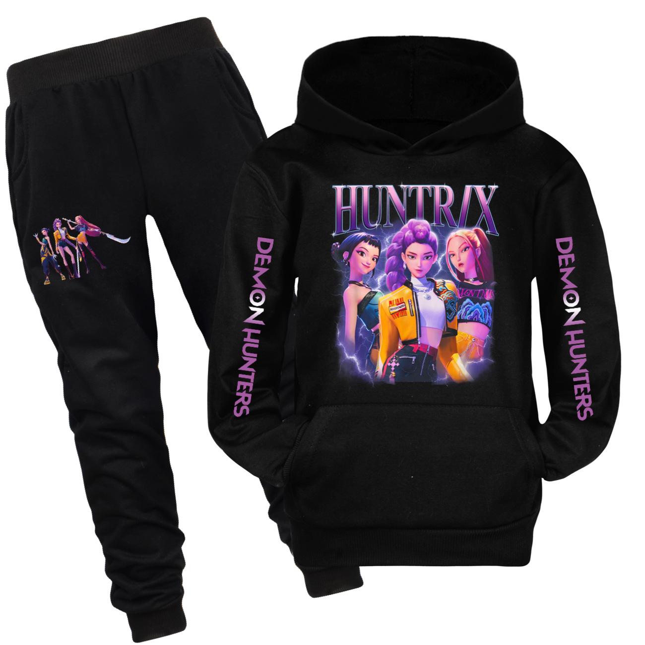 Kpop Hexenjäger Gruppe bedruckter Kinder Kapuzenpullover Hose Freizeit Sport 2-teiliges Set 170 black