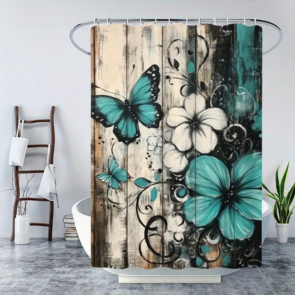 1/4Pcs Bathroom Shower Curtain Set Teal Butterfly  Print Bathroom Curtain With 12 Hooks Non Slip Rugs Toilet Cover Mat Bathroom Partition