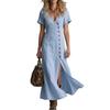 Summer Spring Cotton Linen Midi Dress, Casual Fashion Short Sleeve Button Dress for Women, European American Style Wholesale