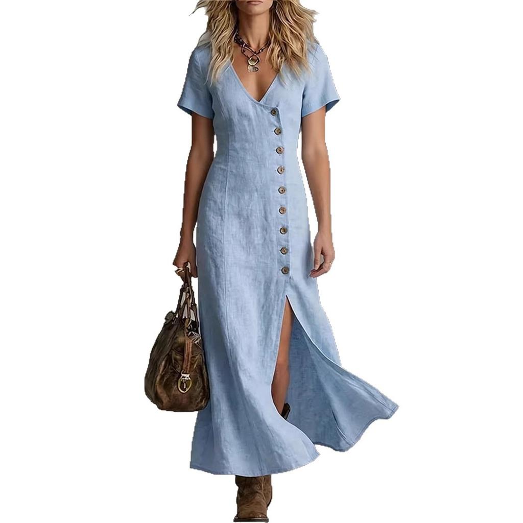 Summer Spring Cotton Linen Midi Dress, Casual Fashion Short Sleeve Button Dress for Women, European American Style Wholesale