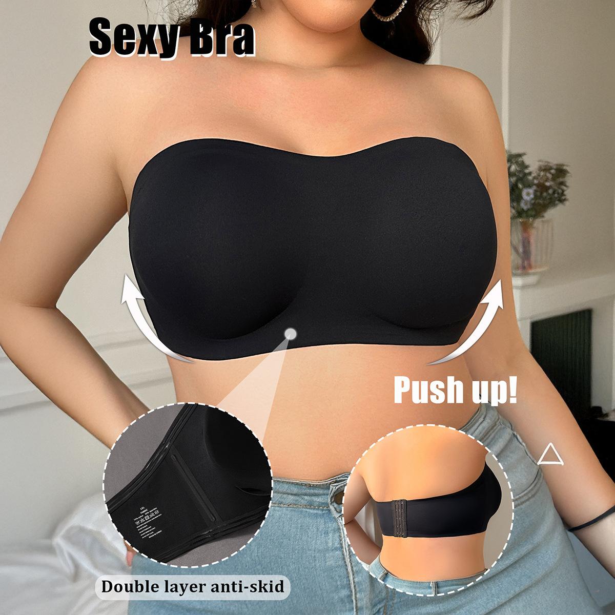 Plus Size Strapless Bandeau Bra Non-Slip Silicone Grip Seamless Push Up Support Bralette 2XL чёрный