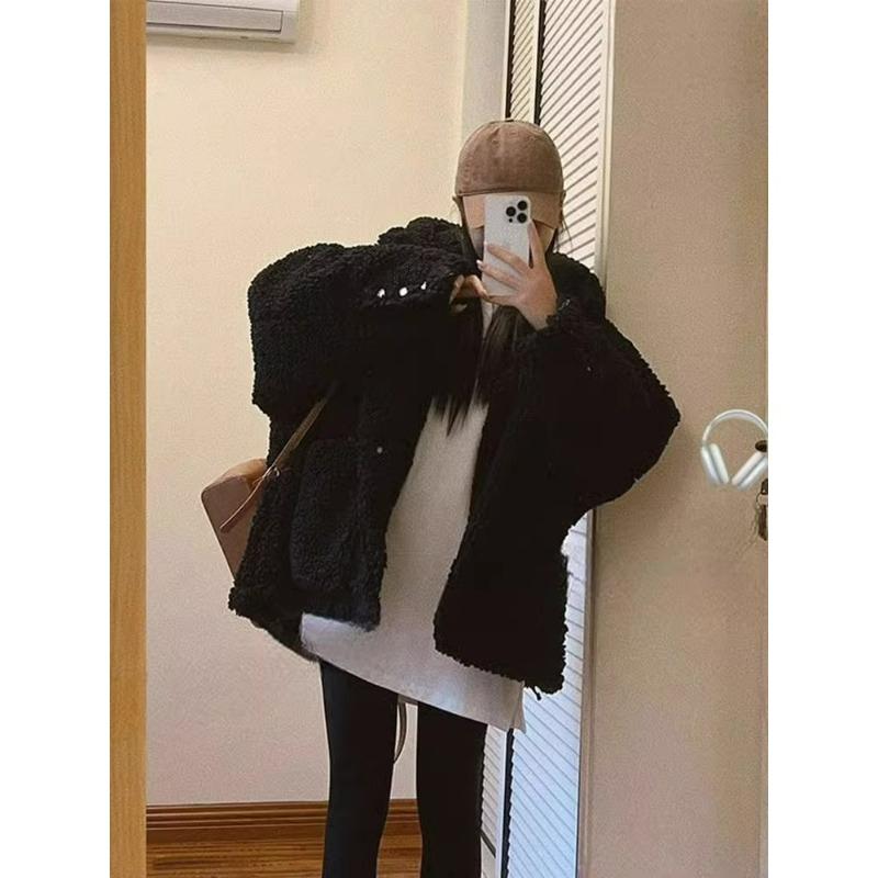 Black Imitation Lamb Wool Hooded Environmental Protection Fur Women's Winter Thick Fur One-piece Fur Coat Cardigan Top Women