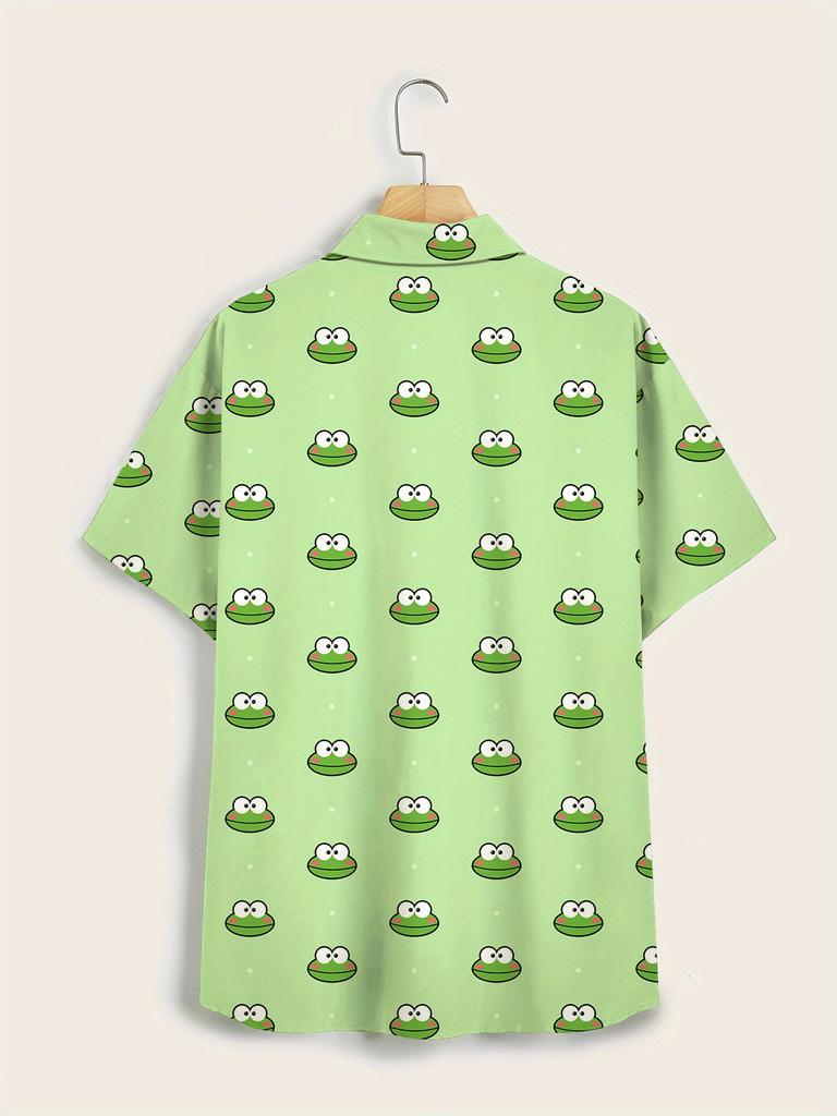 Men's Plus Size Short Sleeve Shirt- Light Green with Bright Frog Pattern, Lightweight and Breathable Fabric, Regular Fit Button Summer Casual Shirt,