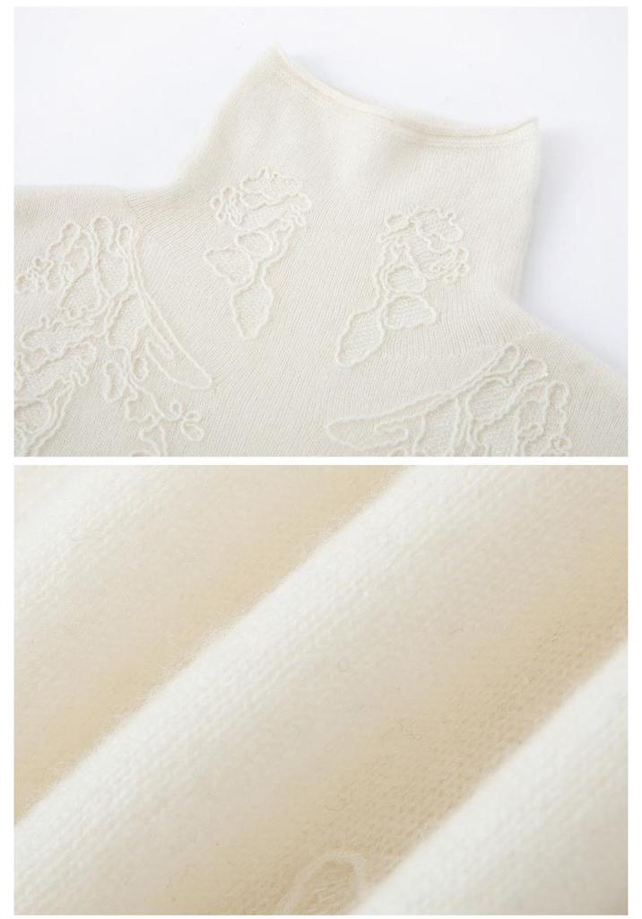 Lekasha 100% Pure Cashmere Rolled Edge High Neck Embossed Knit Top