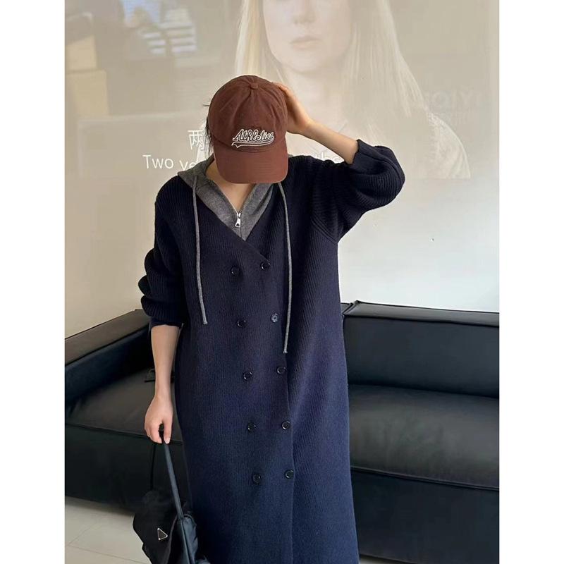 

Осенне-зимний новый большой версии вязаный кардиган с капюшоном, имитирующий двойку, женский свободный ленивый свитер-жакет One Size