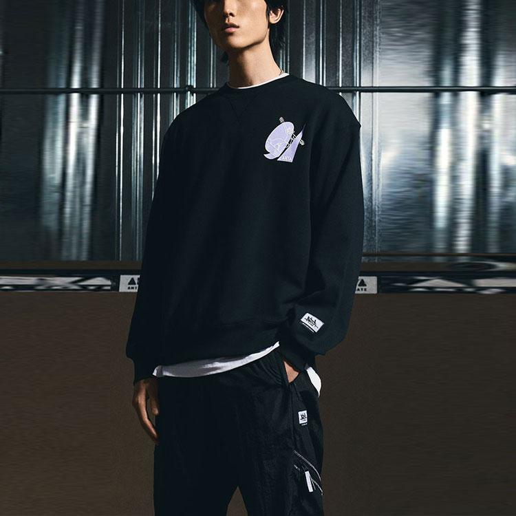 Anta Padrão Geométrico Personagem Letra Esportivo Solto Pulôver Moletom Manga Longa Tops Unissex Preto 172218701R-2