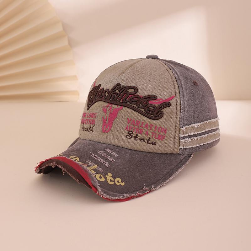 

Color-blocked embroidered letter perforated washable fashionable distressed adjustable sunshade baseball cap for outdoor casual One Size