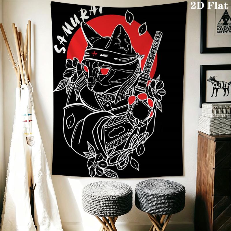 Anime Samurai Cat Pattern Home Decor Tapestry, Wall Hanging, Decorative RV Wall Cloth.MGT0918185
