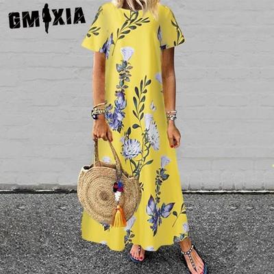 Damenmode Sommer Frühling Blumendruck Kurzarm O-Ausschnitt Freizeitkleider
