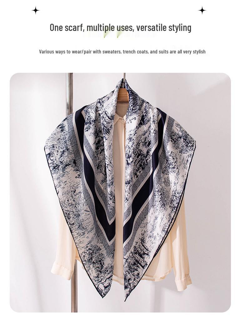 Women's 100% Mulberry Silk Retro Jungle Castle Print Scarf – Elegant High-End Light Luxury Shawl