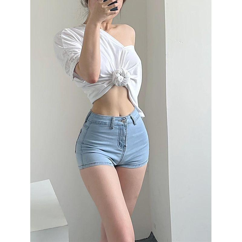 

European and American-Style Peach Hip Low Waist Sexy Figure-Flattering Hot Pants Light Blue XL