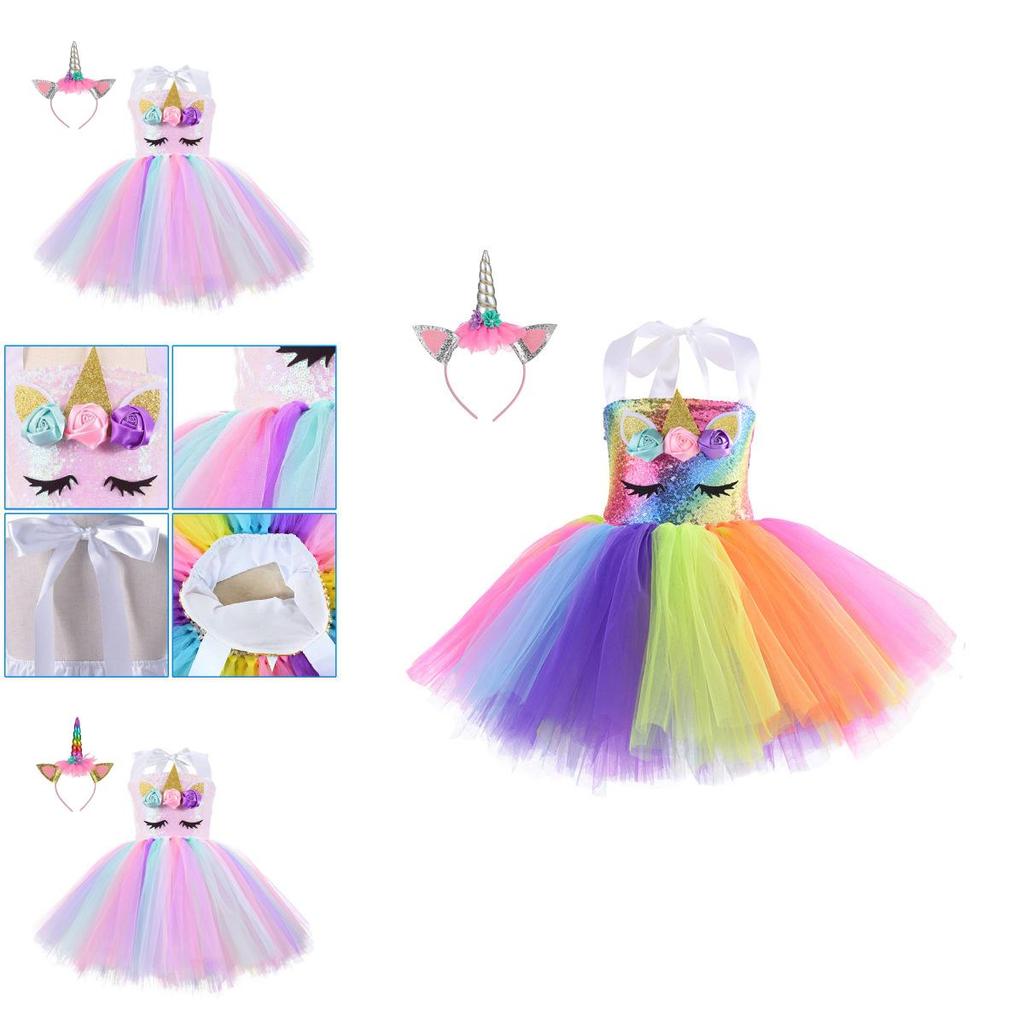 Unicorn Cosplay Girls Dress With Rainbow Pattern For Halloween Party