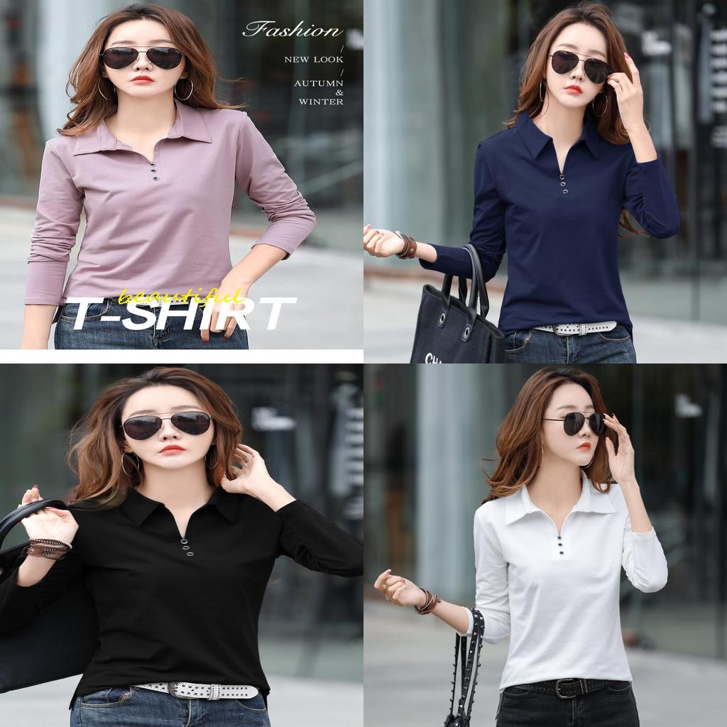 Elegant Long Sleeve Polo T Shirt For Women With Spliced Design Made Of Cotton And Spandex For Office Wear