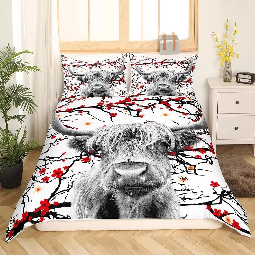 Zestaw Poszwy na Kołdrę Highland Cow Rozmiar Twin Krowa Kwiatowy Zestaw Pościeli Żółty Słonecznik Zachodni Zabawny Zwierzę Krowa Poliestrowa Poszwa na Kołdrę