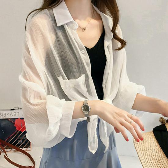 2022 Korean Lantern Sleeve Striped Chiffon Cardigan Jacket